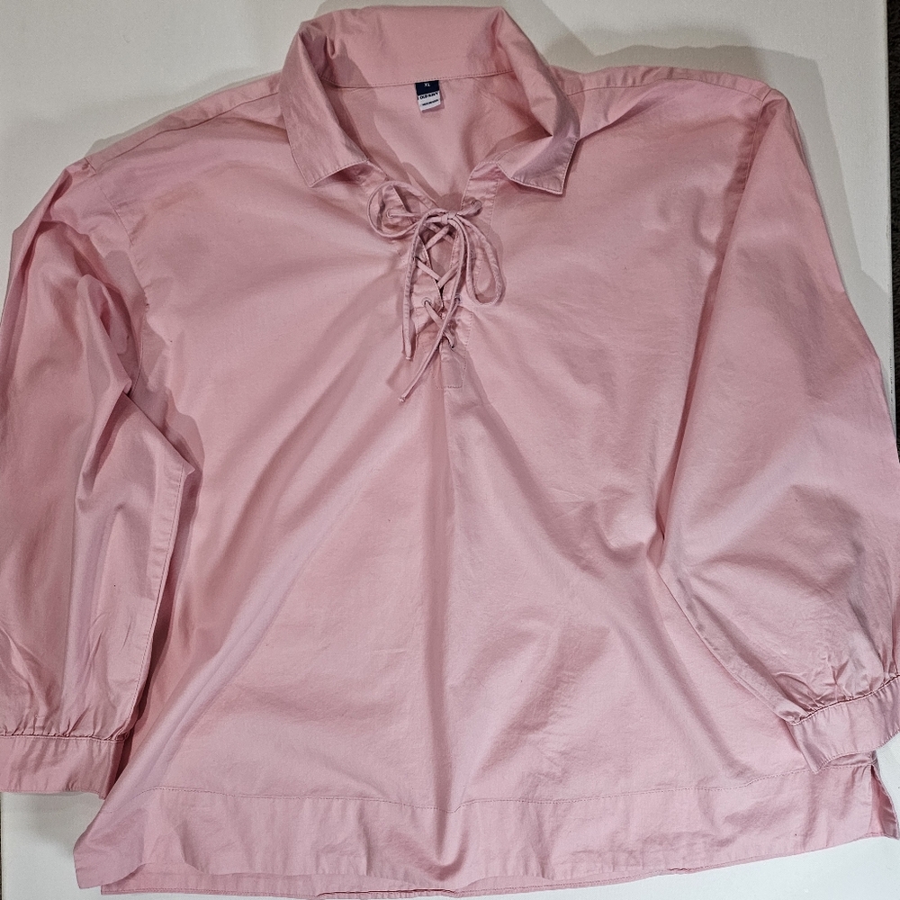 Old Navy Shirt Womens XL‎ Pink LS Relaxed Tie Geranium Petal Cotton Pullover Top